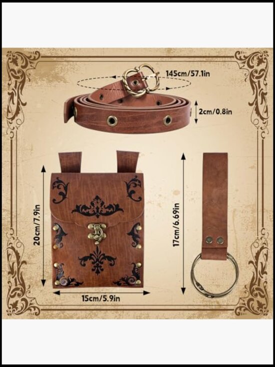 Medieval Belt with Renaissance Bag & Detachable Chains, Faux Leather Waist Pouch main image 6